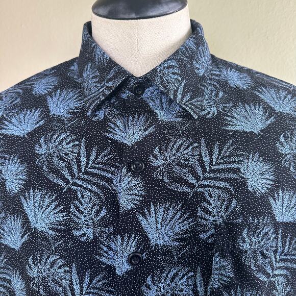 Nat Nast Men XL 70% Silk 30% Cotton Blend Button front Short sleeve Black Blue - Picture 3 of 11